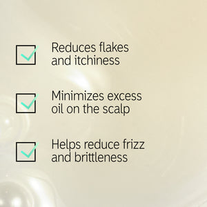 Texture shot with text overlay 'reduces flakes and itchiness, minimizes excess oil on the scalp and helps reduce frizz and brittleness'