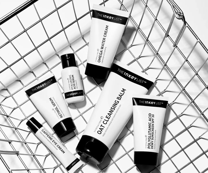 Skincare products in a basket