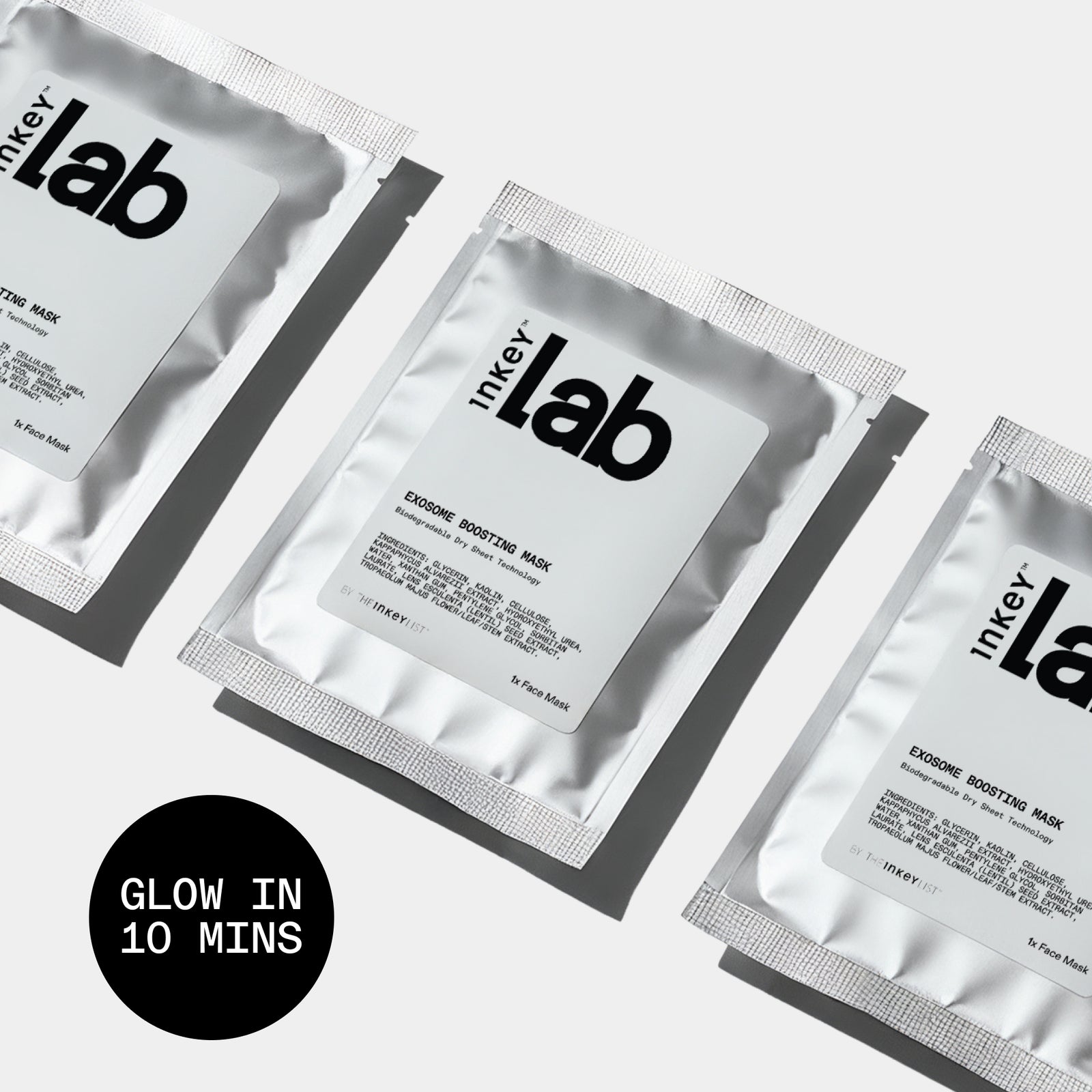 Inkey Lab face mask packets on a white background