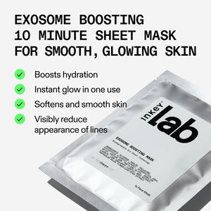Inkey Lab exosome boosting 10 minute sheet mask packaging with benefits listed.
