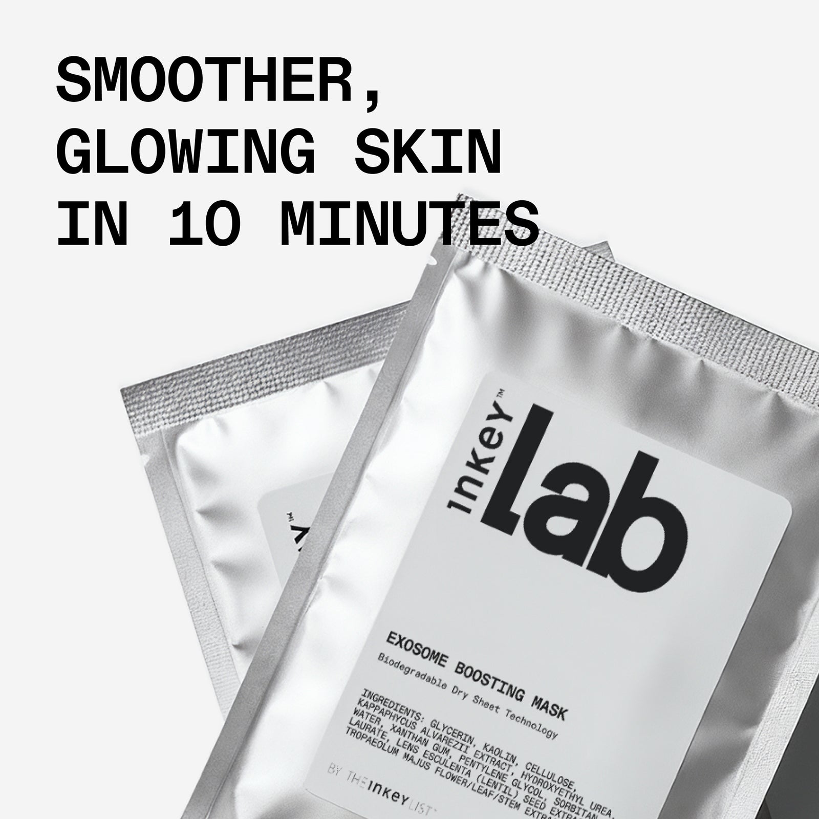 Inkey Lab exosome boosting mask packaging with text 'Smoother, glowing skin in 10 minutes' on a white background.