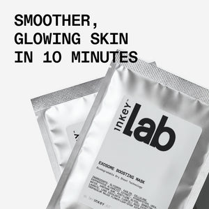 Inkey Lab exosome boosting mask packaging with text 'Smoother, glowing skin in 10 minutes' on a white background.