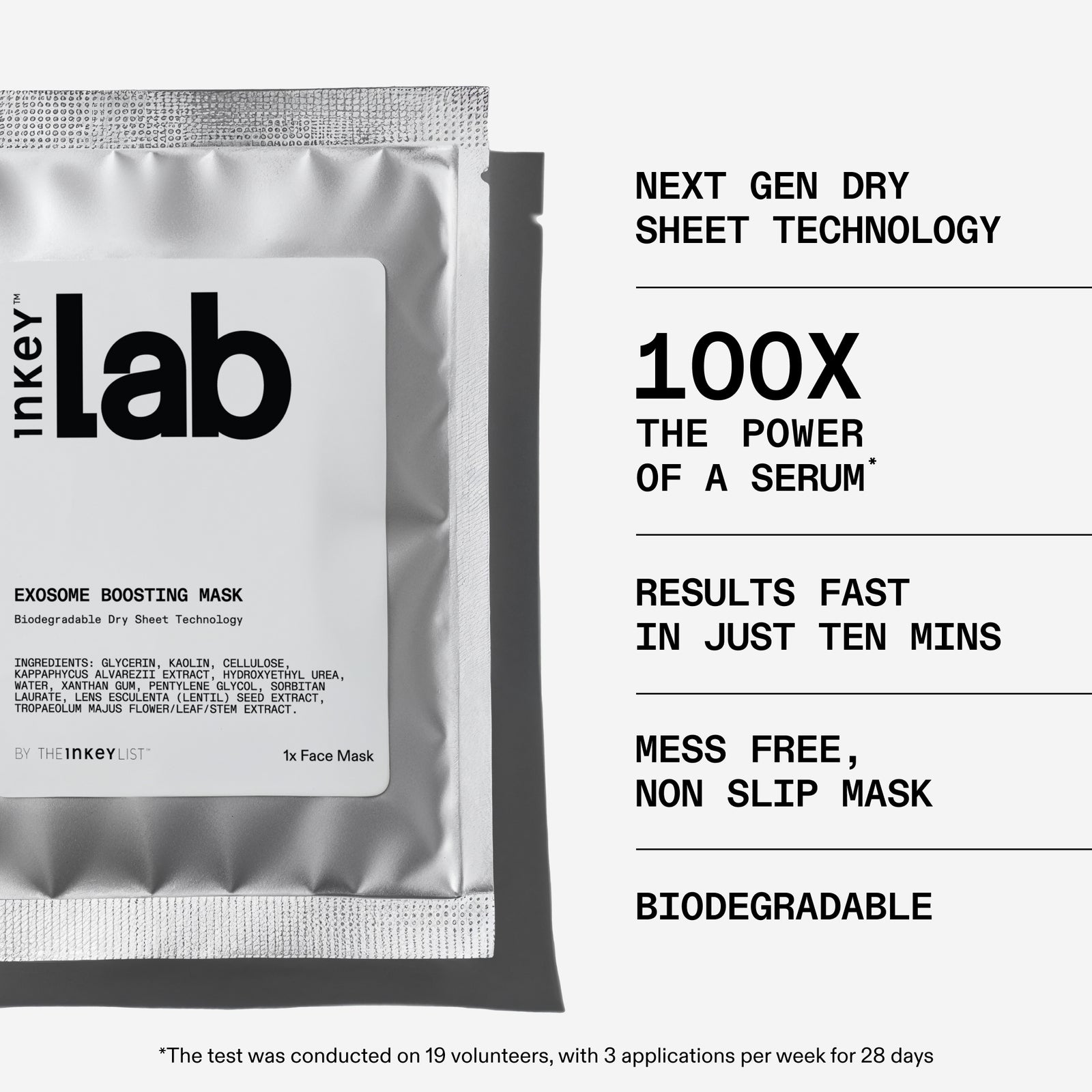 Inkey Lab dry sheet mask packaging with text highlighting features on a white background