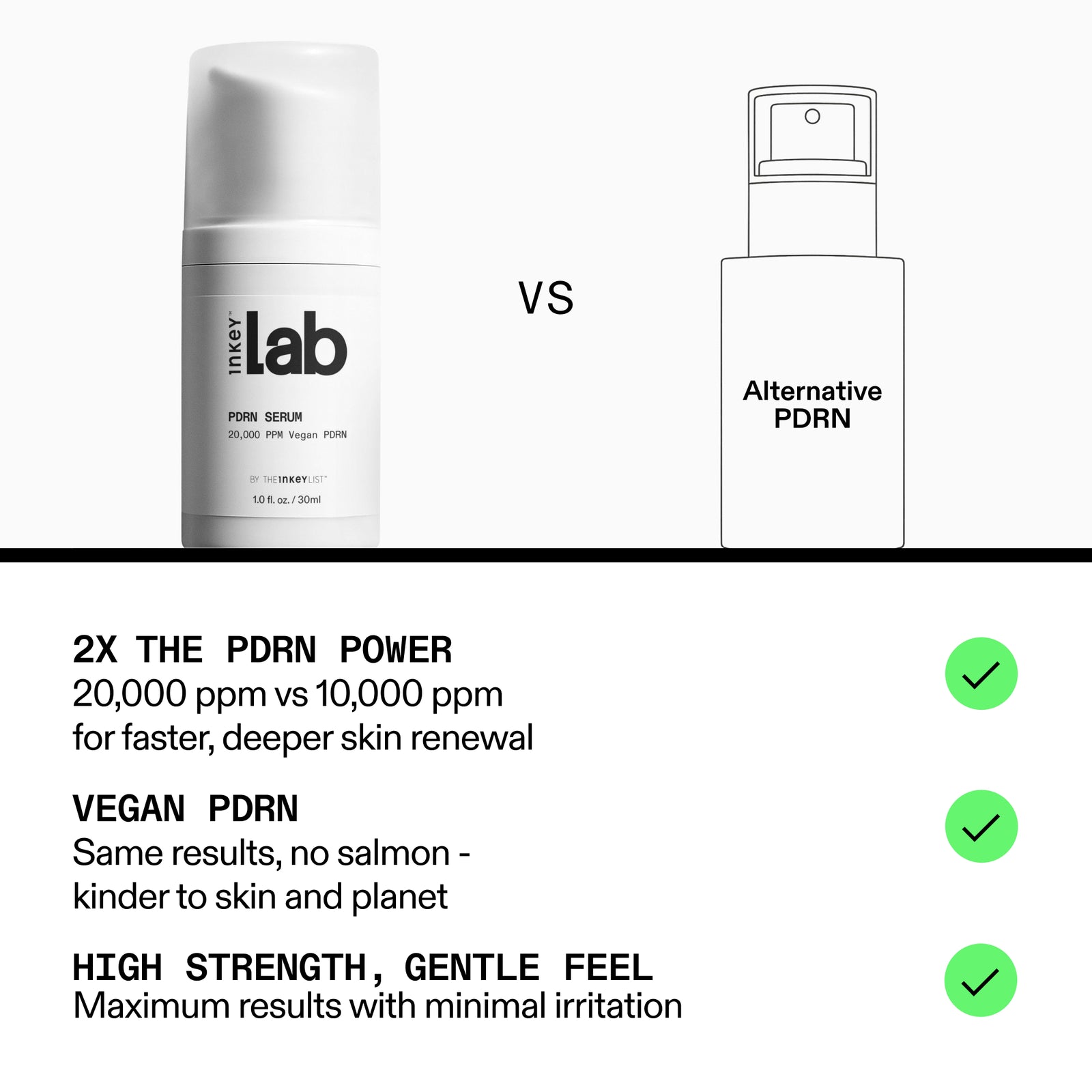 Comparison of 'inkylab' pore serum with an alternative product, highlighting PDRN power and vegan certification.