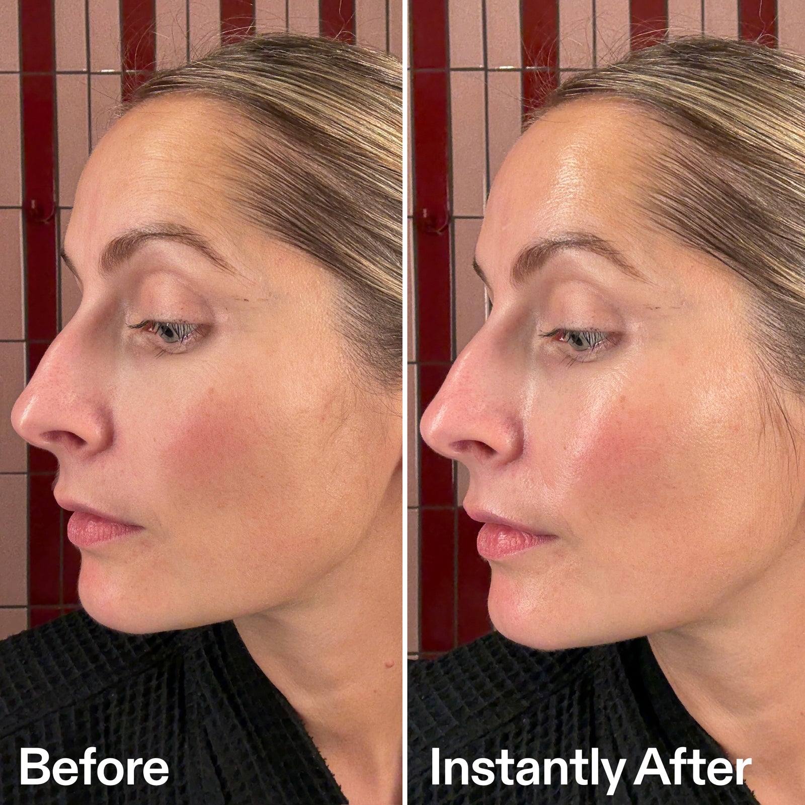 Before and after comparison of a woman's face with a tiled bathroom background.