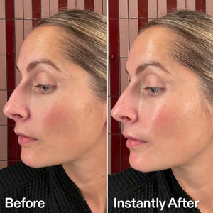 Before and after comparison of a woman's face with a tiled bathroom background.