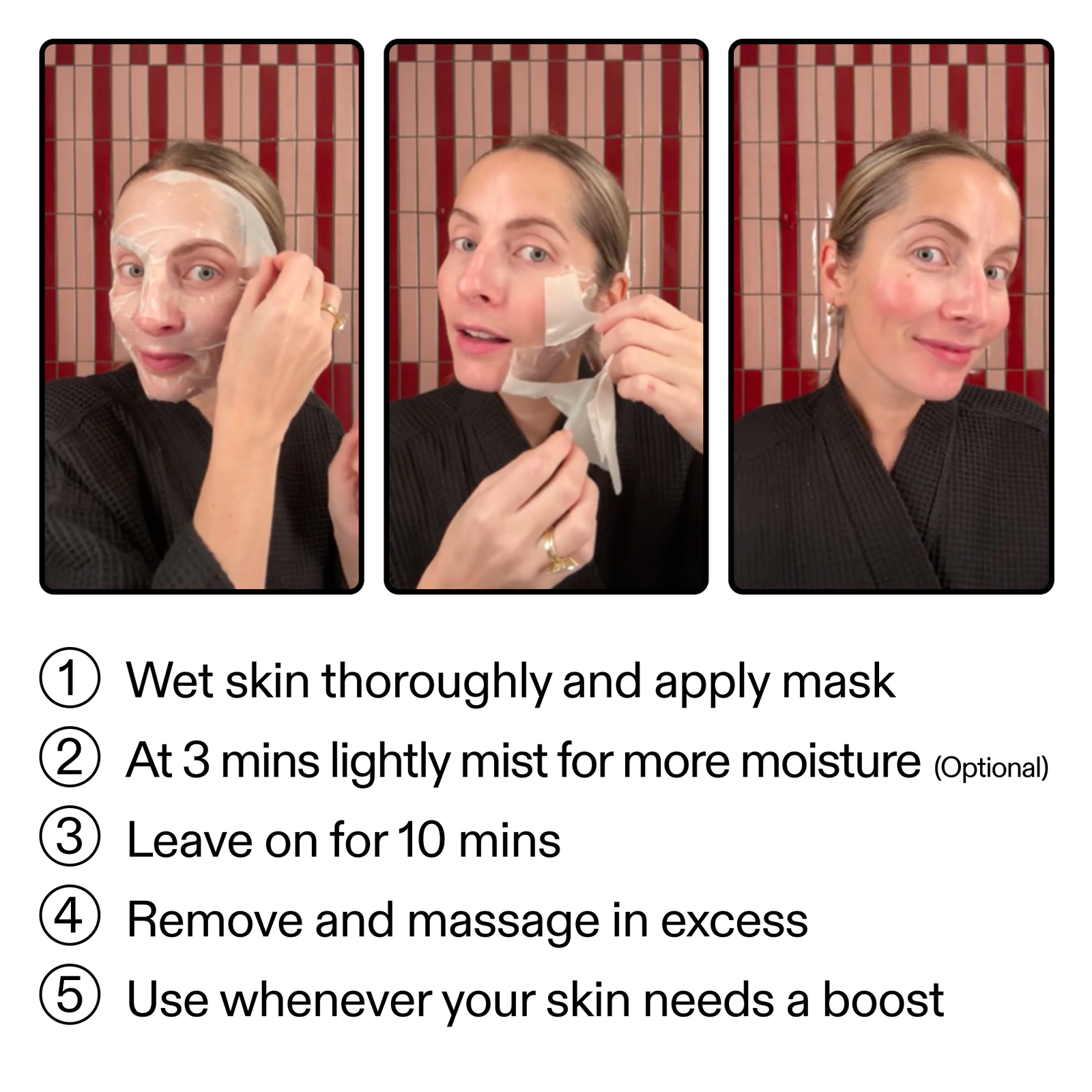 Five-step process for applying a facial mask with text instructions.