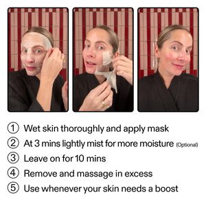Five-step process for applying a facial mask with text instructions.