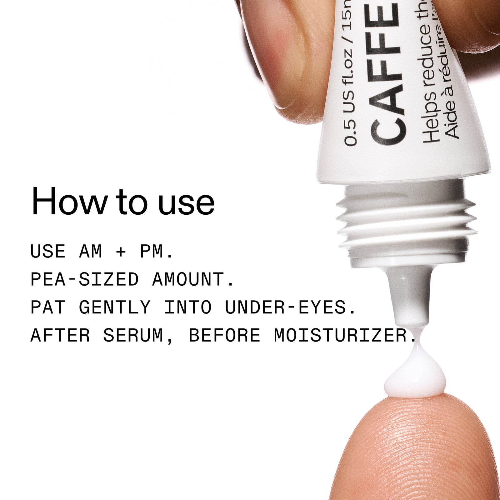 Caffeine serum being applied with text on how to use it