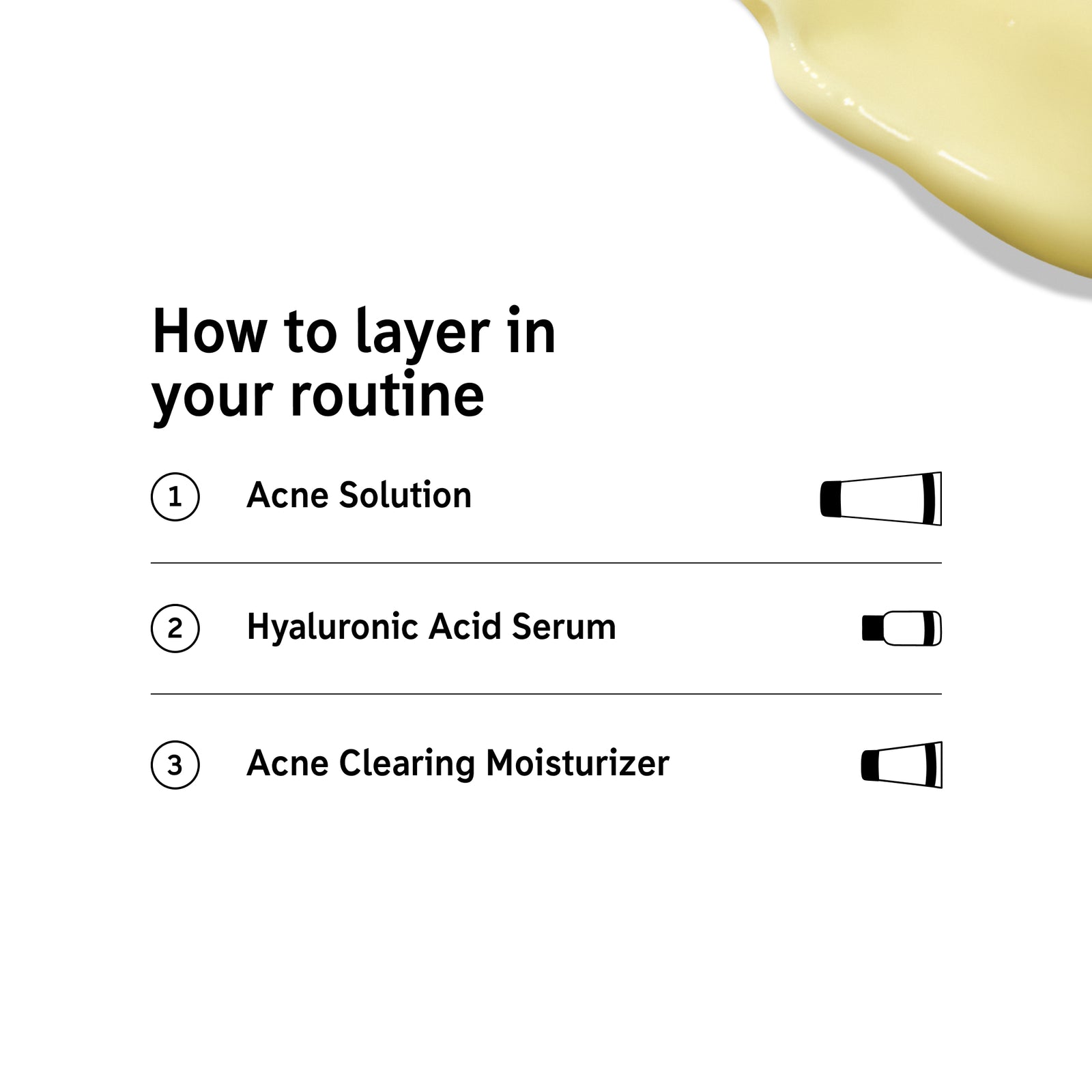 How to layer products in the Acne Solution Trio, 1. Acne  Solution, 2. Hyaluronic Acid Serum, 3. Acne Clearing Moisturizer 