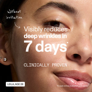 Close-up of a woman's face with text claiming visible wrinkle reduction in 7 days, clinically proven.