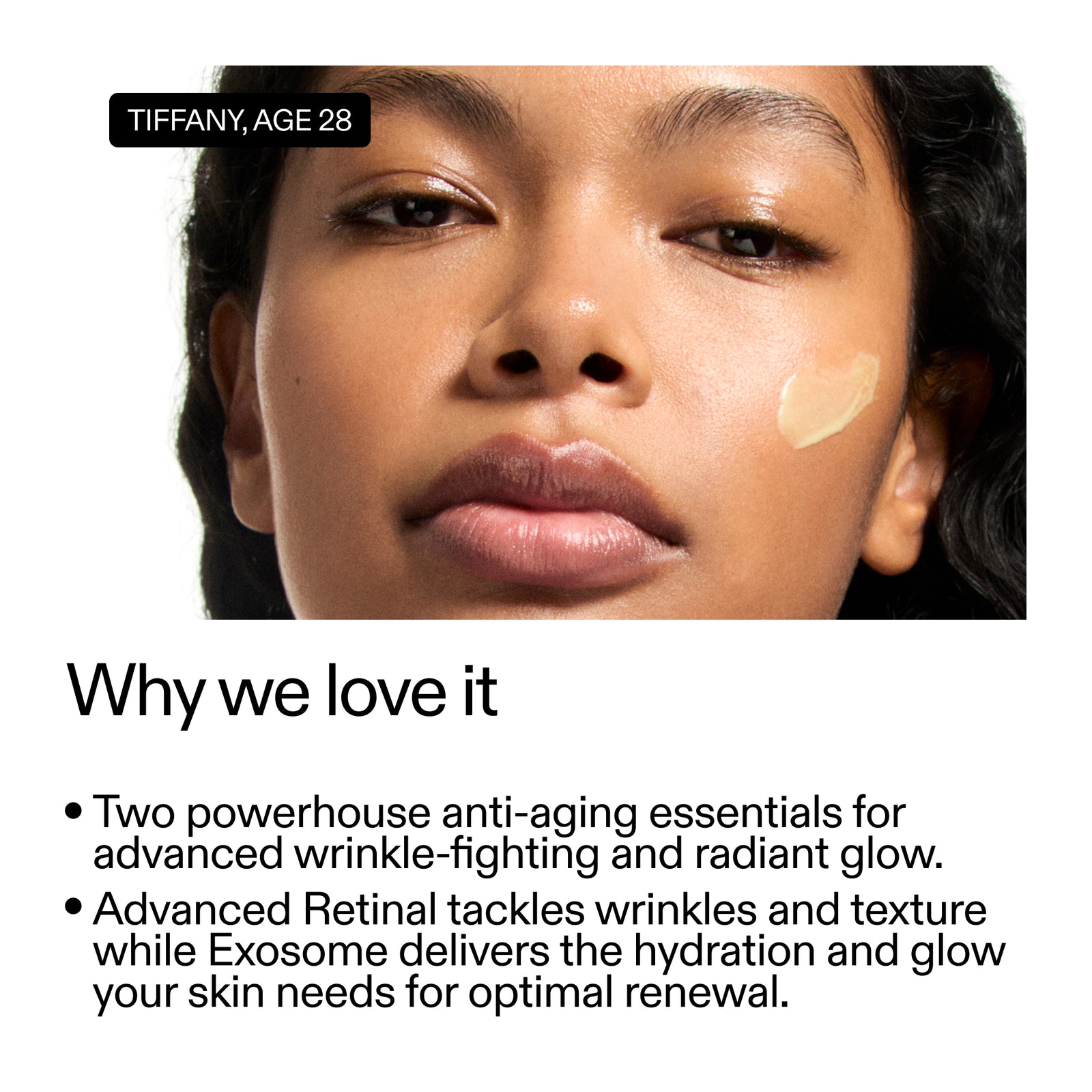 Close-up of a woman's face with text about skincare products, featuring the name 'Tiffany' and age 28.