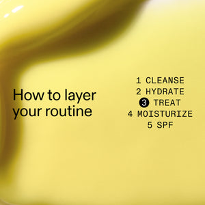 Yellow skincare product with text on how to layer a routine
