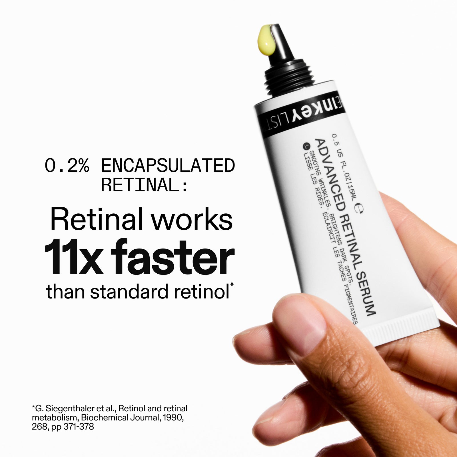 Inkey Advanced Retinal Serum bottle held by a hand with text about retinal speed.