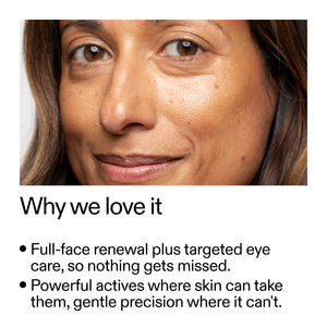 A promotional skincare graphic with a close-up photo of a woman's face at the top and text below reading 'Why we love it' with two bullet points about full-face renewal and targeted eye care.