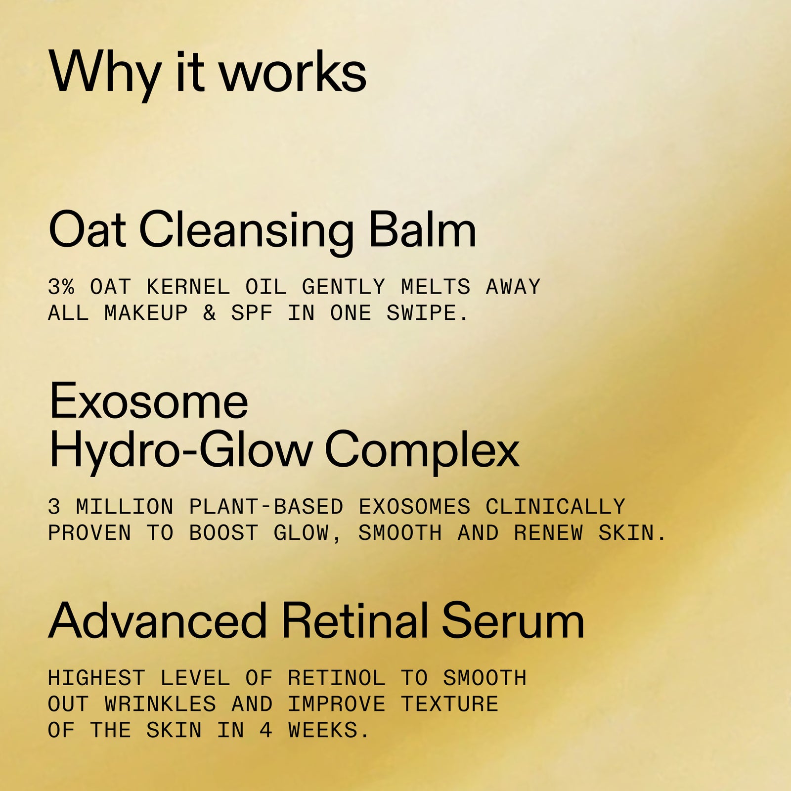 Text detailing the components of a skincare product line on a gradient background