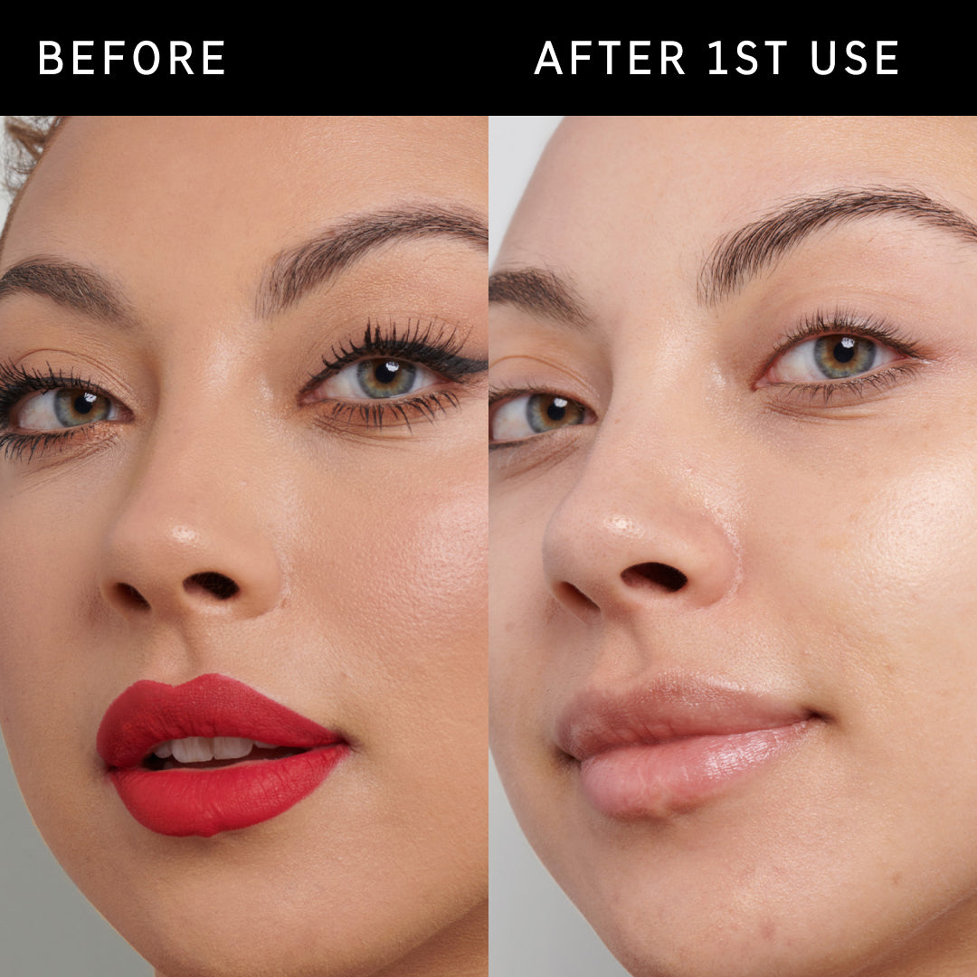 Before and after images of a model after using Oat Cleansing Balm once