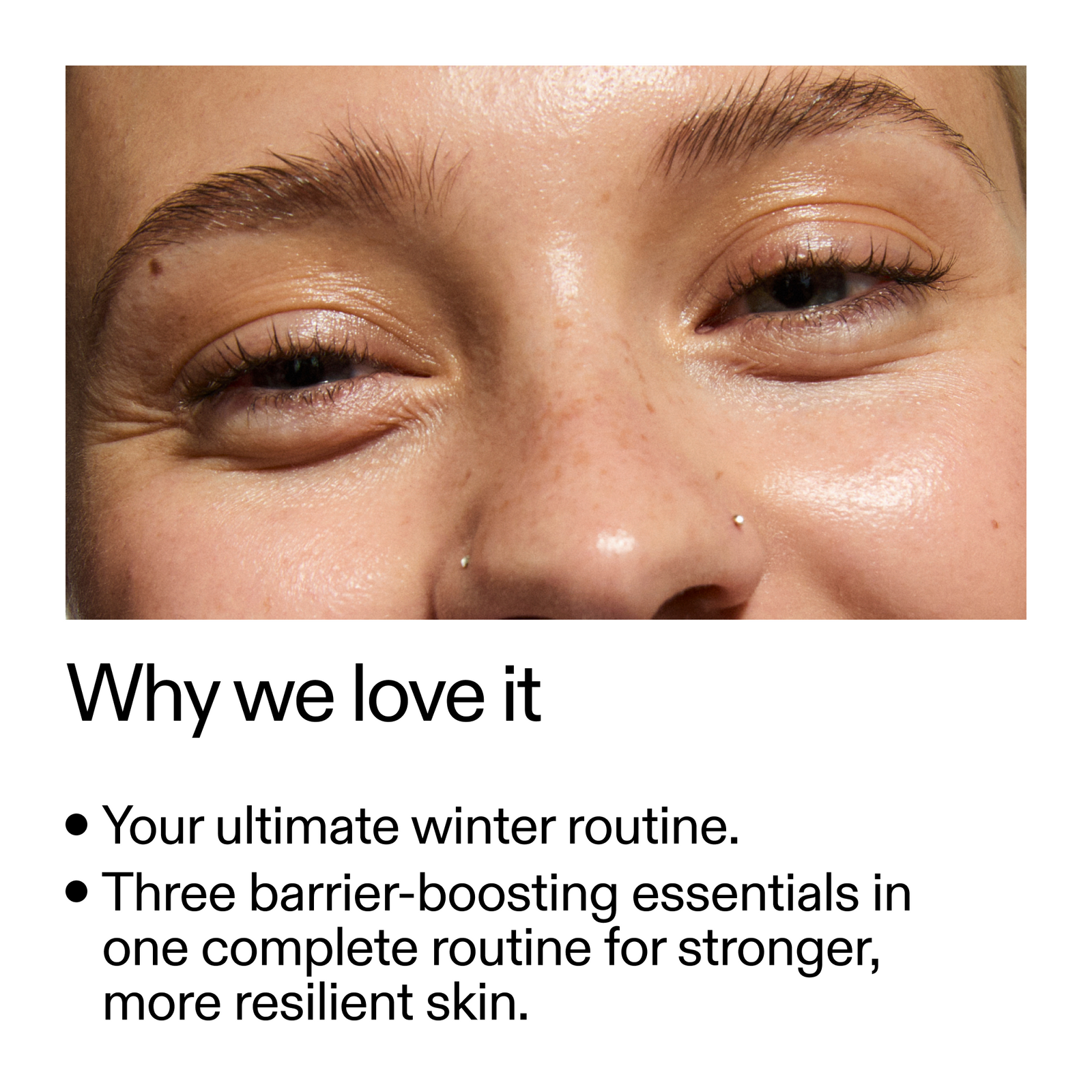 Close-up of a person's eye with text about skincare routine.