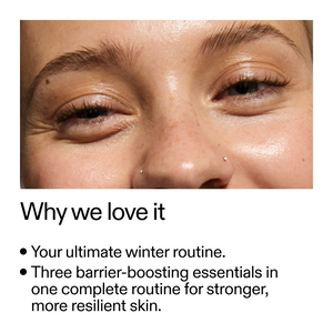 Close-up of a person's eye with text about skincare routine.