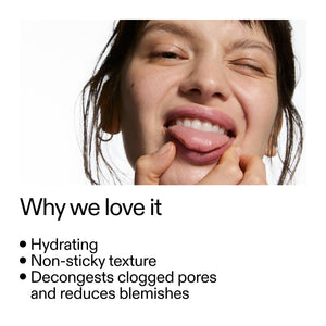 Person applying Beta Hydroxy Acid (BHA) Serum with text about product benefits on a white background