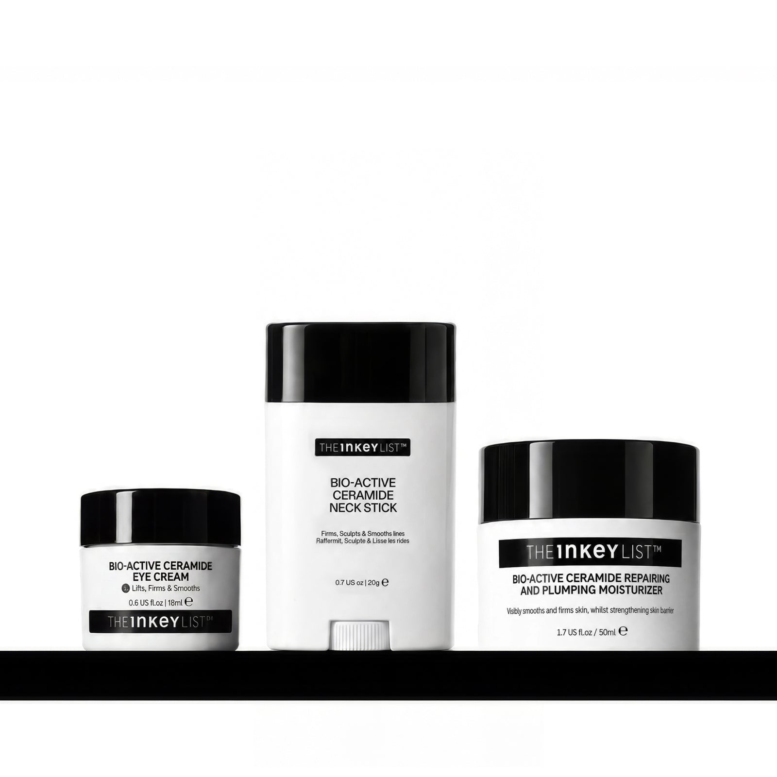 Three skincare products from The Inkey List on a black background: Bio-Active Ceramide Eye Cream, Bio-Active Ceramide Neck Stick, and Bio-Active Ceramide Repairing and Flipping Moisturizer.