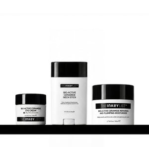 Three skincare products from The Inkey List on a black background: Bio-Active Ceramide Eye Cream, Bio-Active Ceramide Neck Stick, and Bio-Active Ceramide Repairing and Flipping Moisturizer.