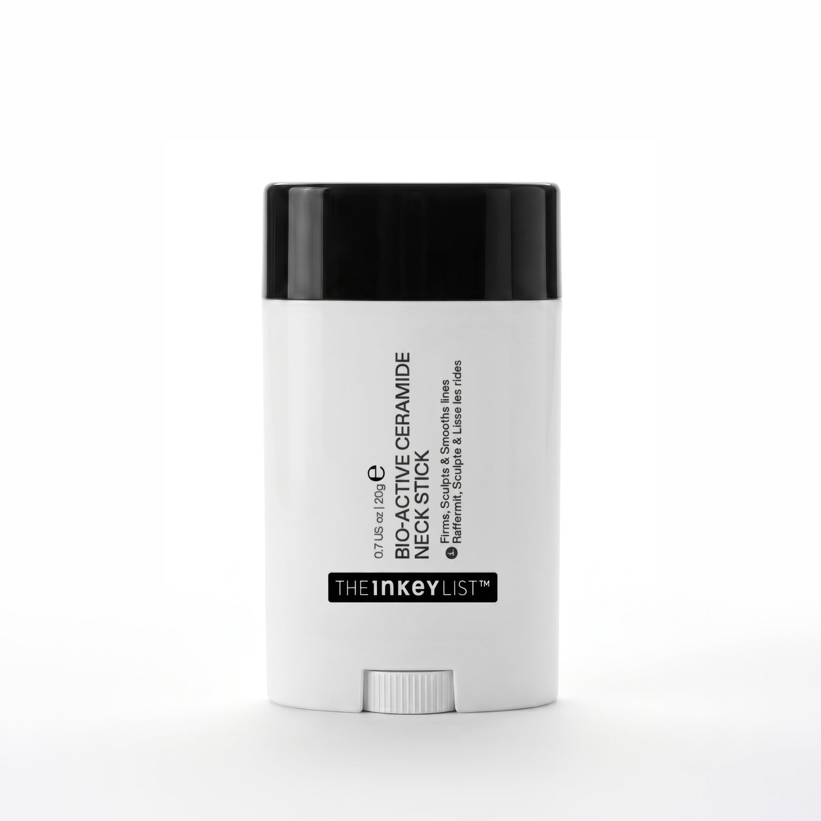 White skincare stick with black cap on a white background