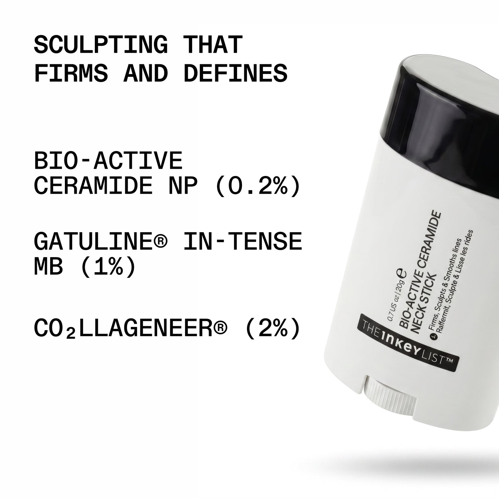 White neck stick with black cap on a white background, featuring text about ingredients.