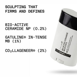 White neck stick with black cap on a white background, featuring text about ingredients.