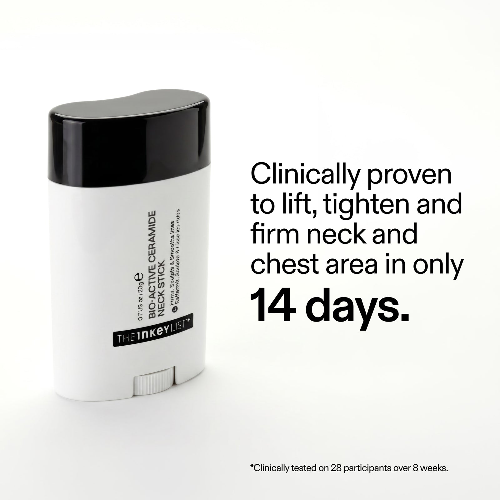 White neck stick with black cap on a white background, featuring text about clinical proven effects.