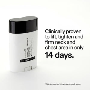 White neck stick with black cap on a white background, featuring text about clinical proven effects.