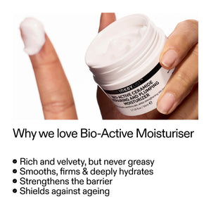Model holding Bio-Active Moisturizer and key benefits of the product