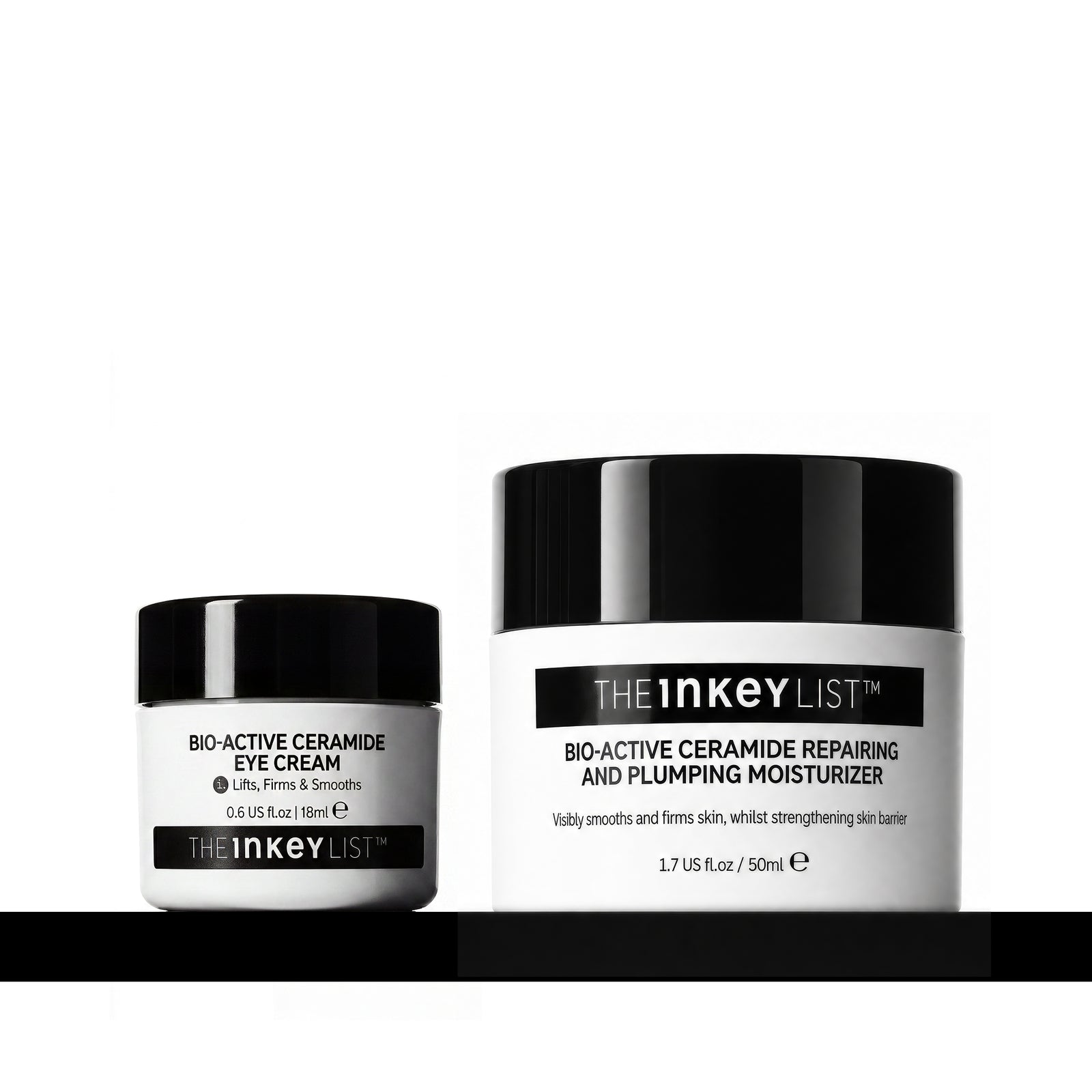 Two skincare jars from The Inkey List on a black surface against a white background: a smaller Bio-Active Ceramide Eye Cream jar and a larger Bio-Active Ceramide Repairing and Plumping Moisturizer jar.