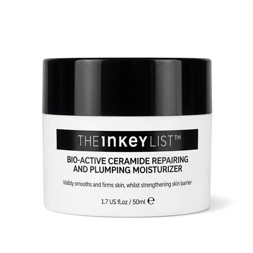 A white cosmetic jar with a glossy black lid, labeled 'THE INKEY LIST Bio-Active Ceramide Repairing and Plumping Moisturizer' on a clean white background.