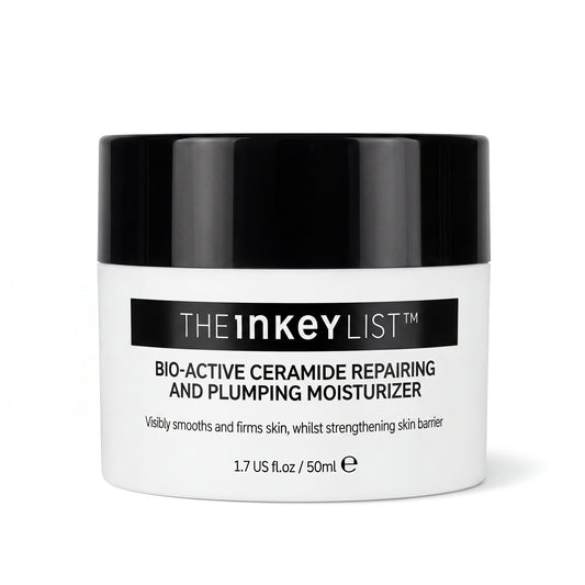 A white cosmetic jar with a glossy black lid, labeled 'THE INKEY LIST Bio-Active Ceramide Repairing and Plumping Moisturizer' on a clean white background.