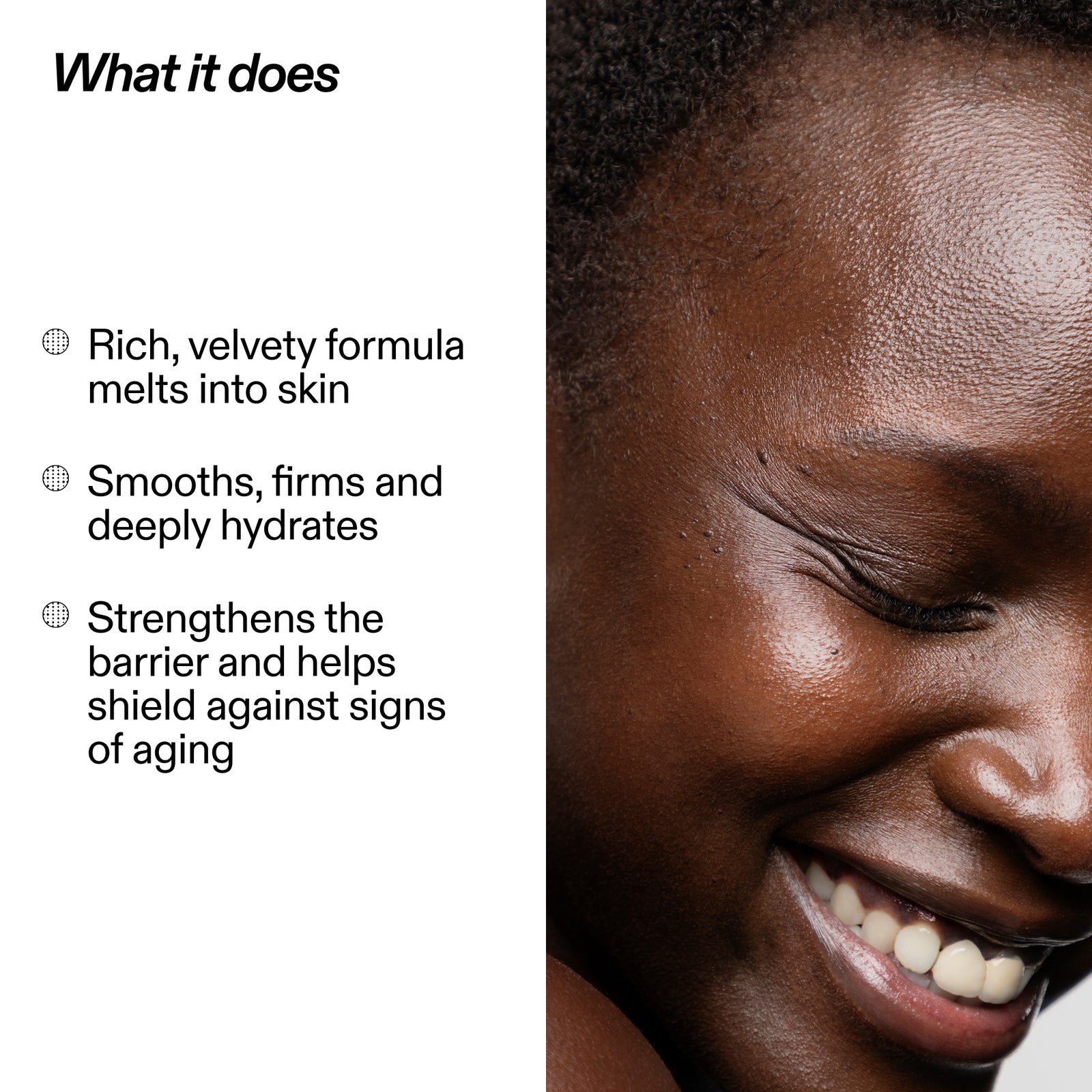 Product description text with a close-up of a smiling person's face on the right.