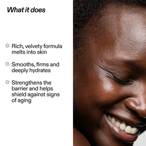 Product description text with a close-up of a smiling person's face on the right.