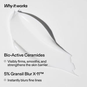 Product packaging with text about Bio-Active Ceramides and 5% Gransil Blur X-11 technology.