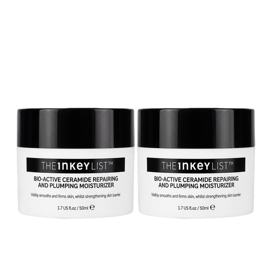 Two white jars of THEinkeyLIST Bio-Active Ceramide Repairing and Plumping Moisturizer with black lids, shown side-by-side on a white background.