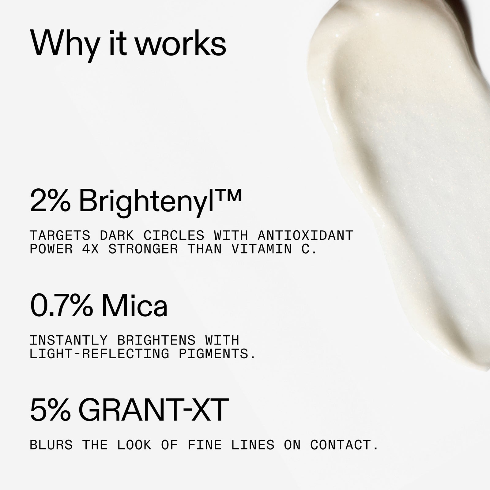 Product ingredients in Brighten-i Eye Cream with text on a white background