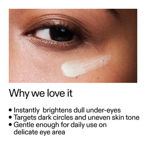 Close-up of eye with under-eye cream application and product benefits text.