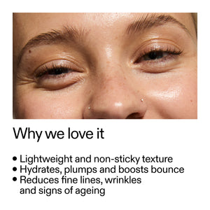 Close-up of a person's eye with text highlighting Collagen Peptide Serum benefits on a white background