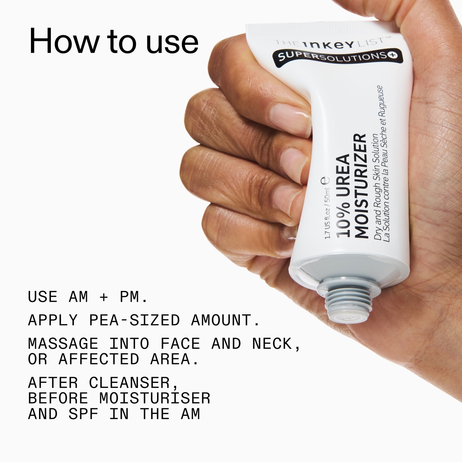 Hand holding 10% Urea Moisturiser with usage instructions on a white background