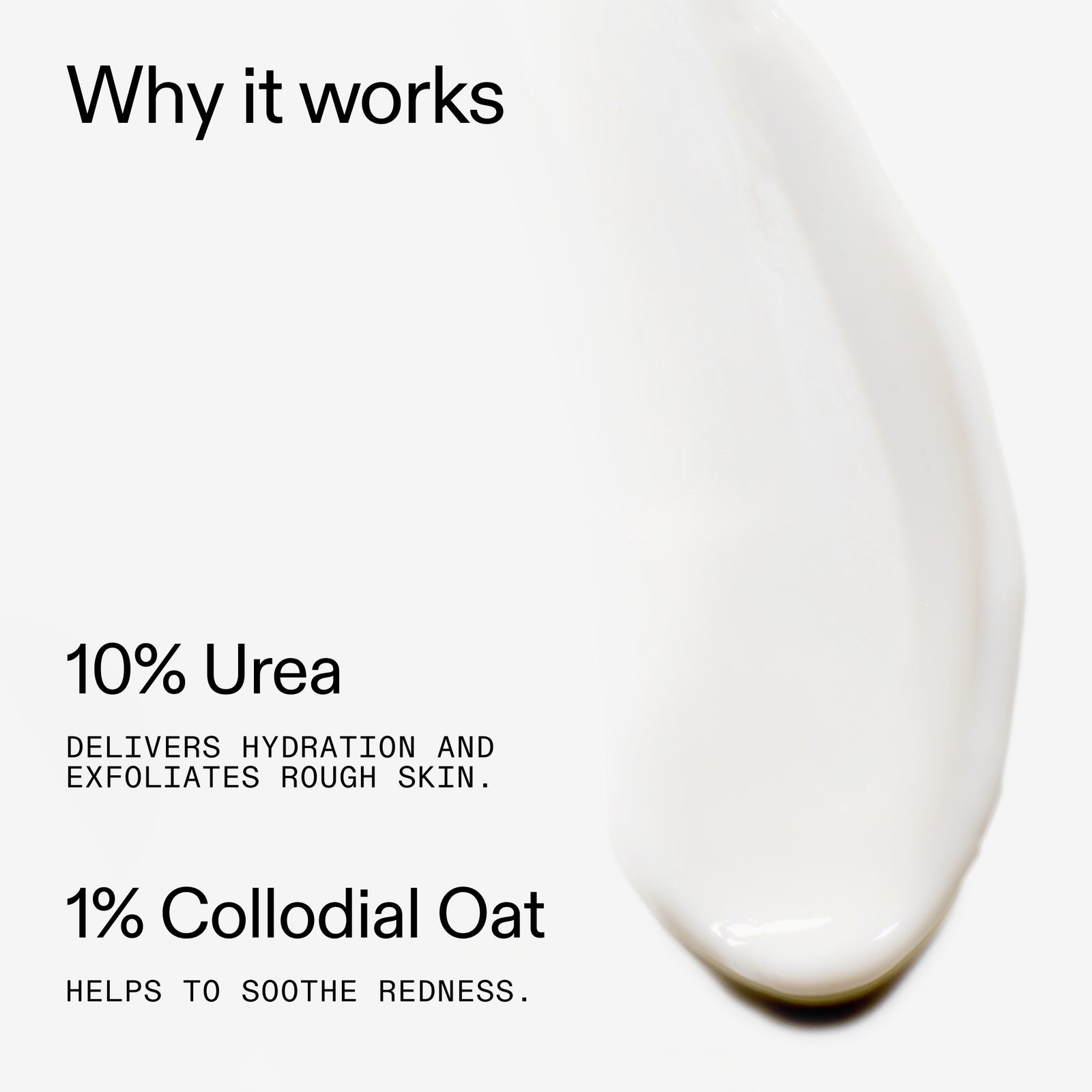 Close-up of a white cream with text explaining 10% Urea Moisturiser ingredients and benefits on a white background.