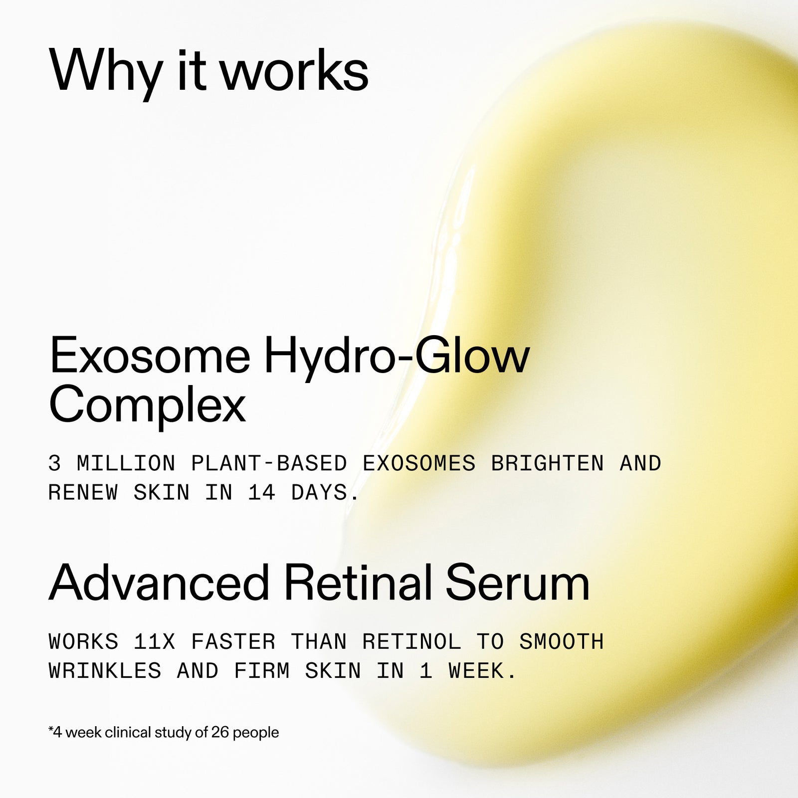 Advertisement for Exosome Hydro-Glow Complex and Advanced Retinal Serum with text on a white background.