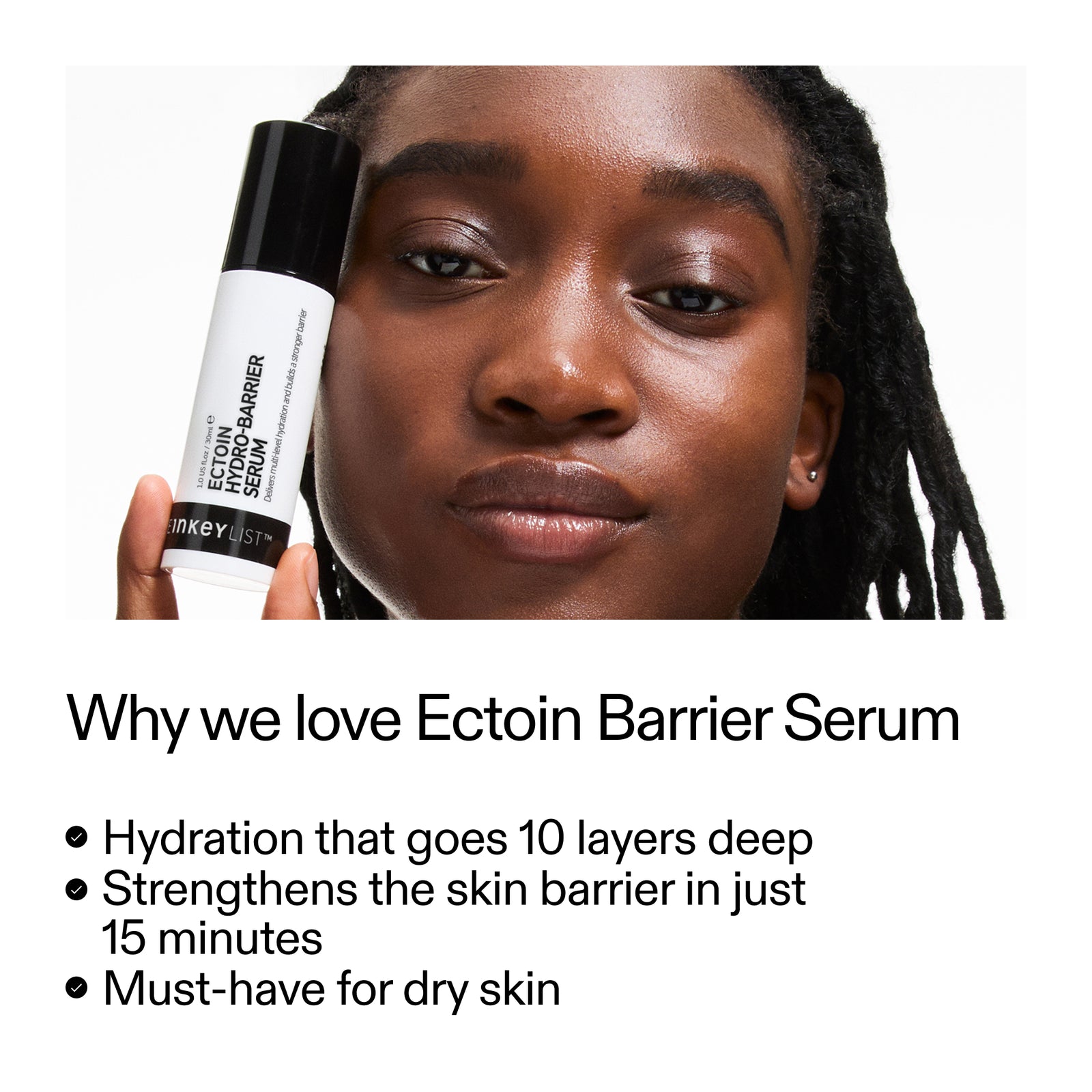 Model holding Ectoin Serum and key benefits of the product