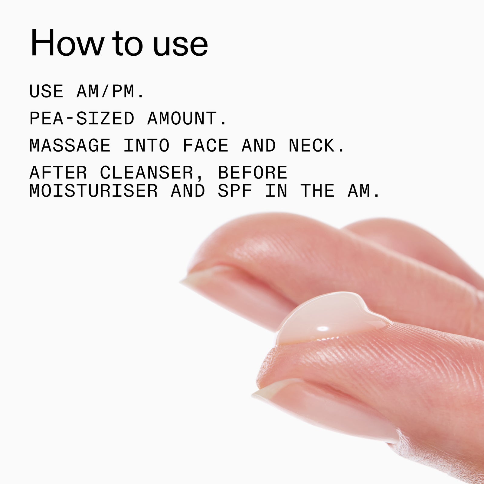 Instructions on how to use a s20% Niacinamide Serum with text and close-up of finger.