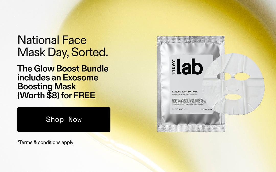 Promotional graphic for lab face mask bundle, featuring a silver foil packet of exosome boosting mask next to a white sheet mask on a yellow-to-white gradient background with text reading 'National Face Mask Day, Sorted.' and a 'Shop Now' button.