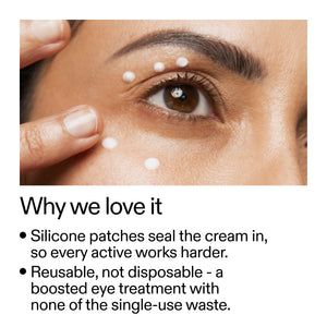 Close-up of a person's eye with small white silicone patches applied around the under-eye area, with text below reading 'Why we love it' and bullet points about sealing cream and reusable use.