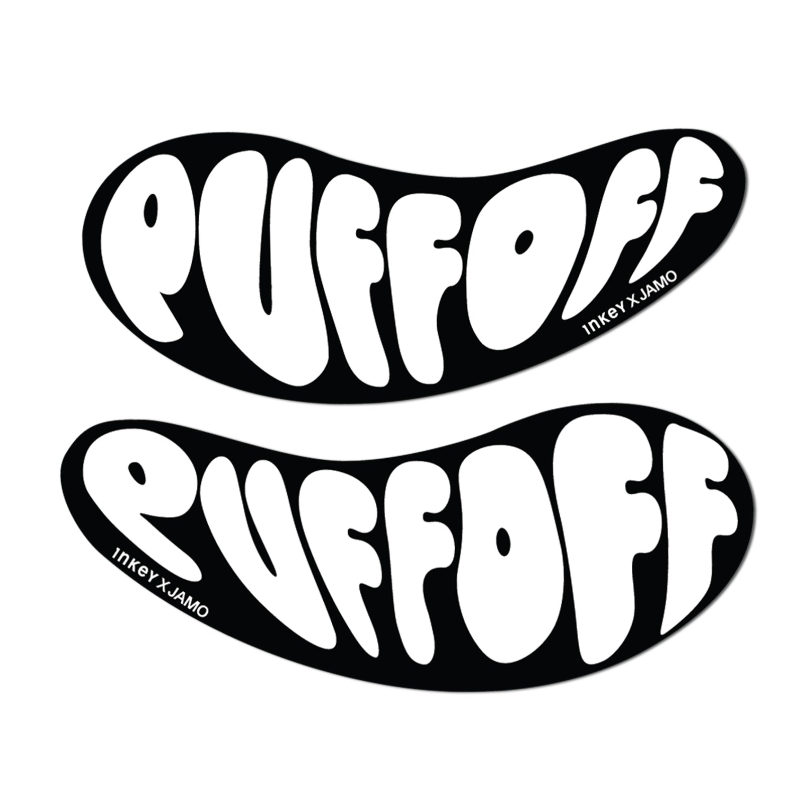 Black and white 'PUFF OFF' text design with Inkey X Jamo branding on a white background